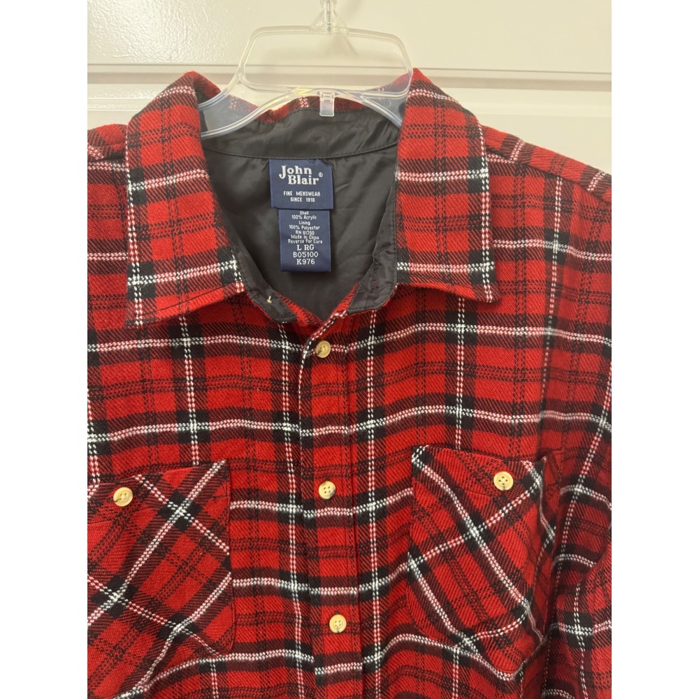 John Blair Mens Red Plaid Flannel Shirt Jacket Button Front Y2K Large